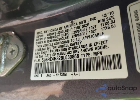 2011 Honda Cr-V Lx z USA, uszkodzony, nr VIN 5J6RE4H32BL030868